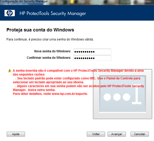 N o consigo cadastrar uma senha para o HP ProtectT Comunidade