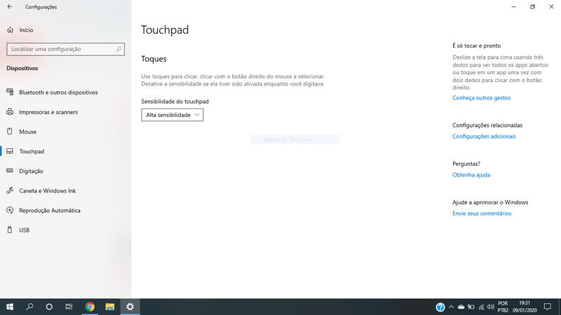 Configurações do Touchpad só possui opção de sensibilidade